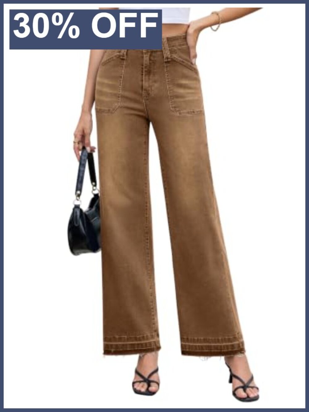Wide Leg Baggy Jeans High Waisted Stretchy Denim Raw Hem Pants